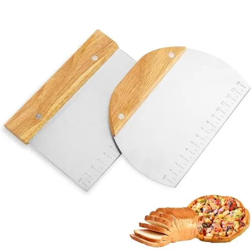 Zosenyer 2PCS Teigschaber Edelstahl, Teigkarte Set mit Rutschfestem Holzgriff, Pizzamesser Wiegemesser Ideal für das Schneiden von Teig, Brot, Kuchen, Gemüse, Pizza