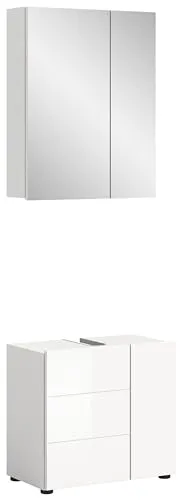 Badkombination Vechtesee, modern und funktional - Badmöbel-Set in Weiß mit komfortablem Stauraum und funktionalem Spiegel, ideal für jedes Badezimmer.