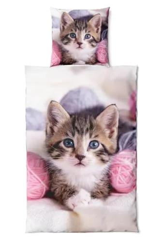 Bettwäsche-Set Katzenbaby - Microfaser 135x200 cm - Kuscheliges Set aus Kopfkissenbezug (80x80 cm) und Bettdeckenbezug (135x200 cm) aus hochwertiger Microfaser. Hautsympathisch und besonders saugfähig für besten Schlafkomfort.