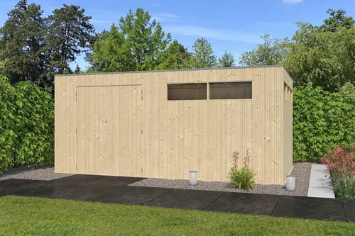 Gartenhaus Modell QBV3-Line 14,90 m² - Modernes Gartenhaus mit 14,90 m² aus 26 mm nordischer Fichte. Robuste Wände, wetterfestes Dach und elegante Doppeltür. Ideal für Gartenprojekte und kreative Nutzung.