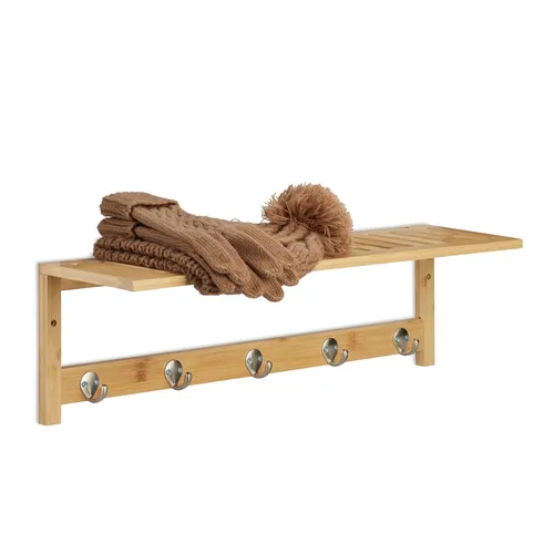 Wandregal mit hakenleiste Handtuchablage Garderobenregal 5 Haken 0,9 kg Bambus
