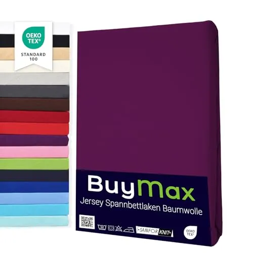 Buymax® Spannbettlaken 100x200cm Baumwolle 100% Spannbetttuch Bettlaken Jersey, Matratzenhöhe bis 25 cm, Farbe Aubergine
