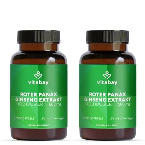 Vitabay Roter Ginseng Kapseln Hochdosiert 600mg - 240 Panax Ginseng Extrakt Kapseln Vegan - Liefert 20% Ginseniode - Laborgeprüft & ohne unerwünschte Zusätze