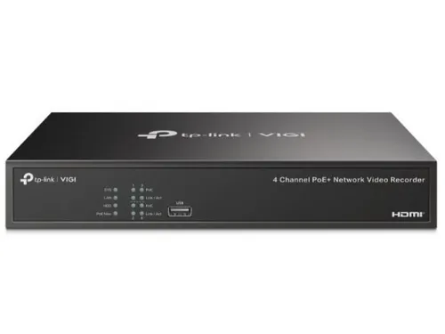 TP-Link NVR Vigi NVR1004H - 4-Kanal Netzwerkvideorekorder - Firewall und Netzwerkkamera Zubehör, unterstützt 4 Kameras mit 8 MP und ermöglicht Echtzeit-Ansicht über die Vigi App auf PC oder Smartphone.