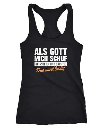 MoonWorks® Damen Tanktop Als Gott Mich Schuf grinste er Fun-Shirt Spruch Statement Ironie Racerback Schwarz L
