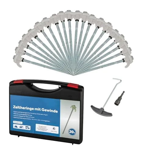 Schraubheringe Set 20 Stück 20 cm Ø7mm mit Transportbox und Bit für Akkuschrauber Stahl Heringe für weiche bis Harte Böden Zeltschrauben für Camping und Outdoor
