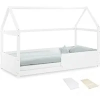 Homestyle4u Kinderbett mit Matratze 90x200 cm - Skandinavisches Hausbett mit geschlossenem Rausfallschutz für sichere Nächte, ideal für Selbstständigkeit und gemütliches Kuscheln.