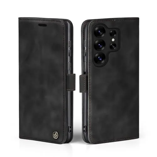LBH Handyhülle für Samsung Galaxy S25 Ultra in Schwarz mit Karten- und Geldfach Smartphone Hülle mit Standfunktion Flip Case Schutzhülle Magnetverschluss Vintage