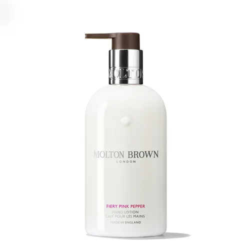 Molton Brown Fiery Pink Pepper Hand Lotion 300 ml - Premium Handpflege mit verführerischem Duft von rosa Pfeffer und Patschuli, spendet intensive Feuchtigkeit und schützt vor vorzeitiger Hautalterung.