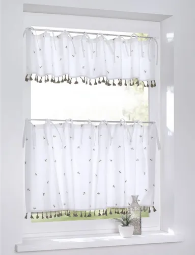 Kutti Scheibengardine Honey (1 St), Bindebänder, blickdicht, Kurzgardine, Baumwolle, bestickt, Landhaus, Spitze, Quasten, Biene