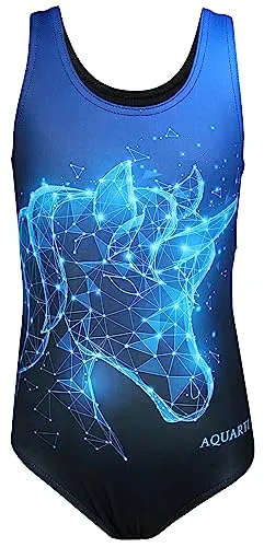 Aquarti Badeanzug Mädchen – Sportlicher Mädchen Badeanzug mit Ringerrücken Print, Farbe: Einhorn Blau/Schwarz, Größe: 152