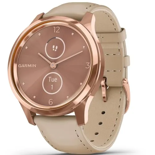 Garmin vivomove Luxe 010-02241-01 Smartwatch - Creme/Rosegold - Smartwatch mit Hybridanzeige, 50m wasserdicht, Schrittzähler und Herzfrequenzmessung, ideal für Fitnessfans. Elegantes Design mit roségoldenem Gehäuse und Echtlederarmband.