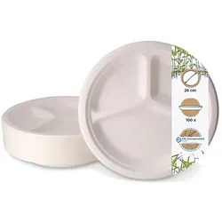 BIOZOYG 100 Stück Teller 26 cm, 3 Kammern Einwegteller, Zuckerrohr-Teller rechteckig für Menüs, umweltfreundlich, biologisch abbaubares Geschirr