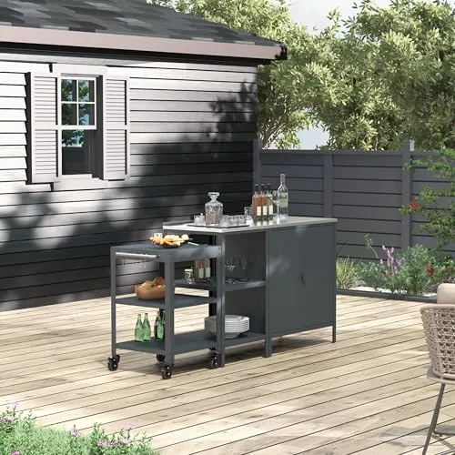 casa.pro Outdoorset Bolognano Gartenmöbelset – Schrank, Standregal und Servierwagen in Dunkelgrau - Praktisches 3-teiliges Möbelset für den Außenbereich: Ideal für Terrasse oder Garten, bietet es viel Stauraum und Flexibilität. Wetterfestes Design mit leichtem Aufbau für sofortigen Einsatz bei Grillpartys und mehr.
