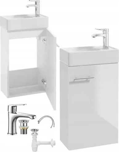 Badezimmerschrank-Set mit Waschbecken 68x40cm wandmontiert weiß glänzend und Aufsatzarmatur Small