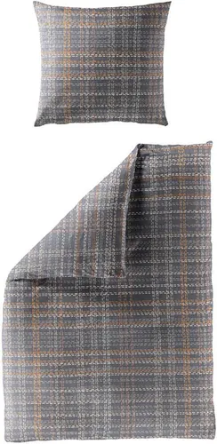Bettwäsche Bierbaum Biber 4143-10 - graphit natur orange kariert 135x200 - Moderne Bettwäschegarnitur aus 100% Baumwolle, STANDARD 100 by OEKO-TEX zertifiziert, ideal für Schlafzimmer und Kinderschlafzimmer, sorgt für gemütliche Nächte.