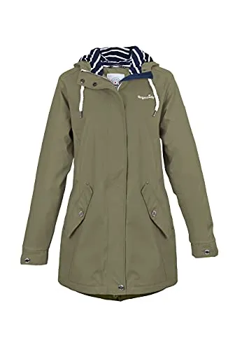 Regenliebe Damen Regenmantel | Taillierter Friesennerz in Oliv - Funktionsjacken mit wind- und wasserdichtem Design, verstellbarer Kapuze und gestreiftem Innenfutter für optimalen Tragekomfort.