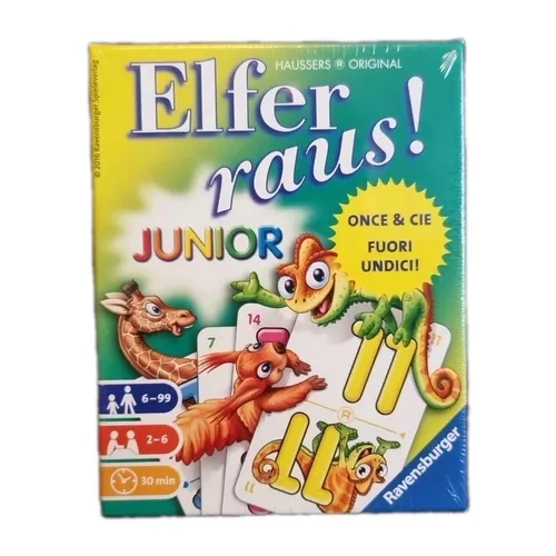 Ravensburger - 20760 Elfer Raus! Junior - Spannendes Kartenspiel für die ganze Familie - Deckkartenspiele für 2-6 Spieler ab 6 Jahren, fördert spielerisch den Zahlenraum 1-21 und sorgt mit taktischen Blockade-Möglichkeiten für langanhaltende Spannung.