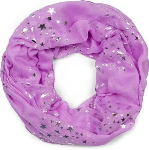 styleBREAKER Damen Loop Schal mit glitzerndem Metallic Sterne All Over Print Muster, Leichter Schlauchschal Einfarbig, Tuch 01016118, Farbe:Flieder