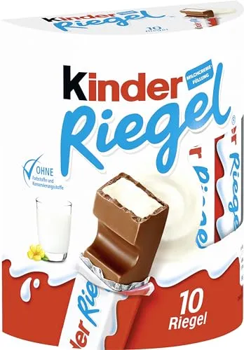 Kinder Riegel - Zartschmelzende Vollmilchschokolade - Schokoladenriegel mit feiner Milchcremefüllung, ohne Farb- und Konservierungsstoffe, ideal für einen süßen Snack zwischendurch, auch für Vegetarier geeignet.
