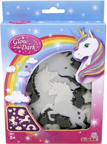 Simba 107826022 - Glow in The Dark Einhorn Set, Einhorn-Formen und andere Motive, fluoreszierend, inkl. Klebegummi, 41 Teile, ab 3 Jahre