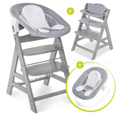 Hauck Hochstuhl Alpha Plus Grey Newborn Set (Set, 4 St), Holz Babystuhl ab Geburt inkl. Aufsatz für Neugeborene & Sitzauflage