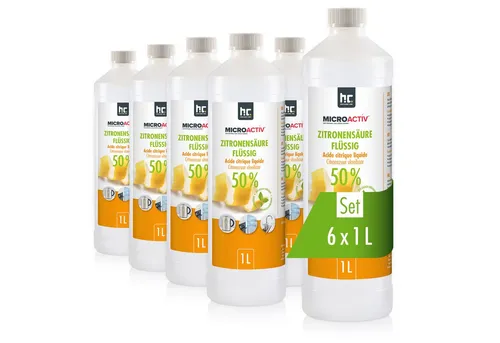 Höfer Chemie GmbH 6x 1 L Microactiv® Zitronensäure 50% Grundreiniger - Reinigungsmittel mit 50% Zitronensäure, biologisch abbaubar und vielseitig einsetzbar zum Entkalken von Geräten und Oberflächen. Ideal für eine kostengünstige und schonende Reinigung.