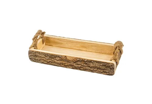 meberg Dekotablett Holztablett mit Rinde Dekotablett 41 cm Holz (Tischdekoration Kerzenteller Obstschale, rechteckig), mit Seil-Griffen Dekoschale Dekoration