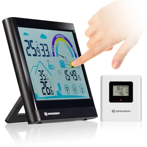 Bresser 7007402 Touchscreen Wetterstation - Wetterstation mit Touchscreen und Lüftungsempfehlung zur Verbesserung des Raumklimas. Funkübertragung der Außentemperatur und bis zu 3 Außensensoren anschließbar.