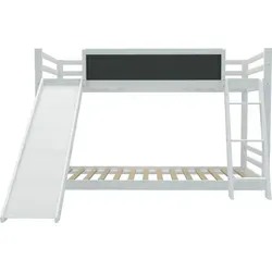Doppelbett mit Treppe und Rutschen,Bett mit Zaun, Bett mit Kinderkreißbrett, umweltfreundliches Massivholz, weiß - Weiß