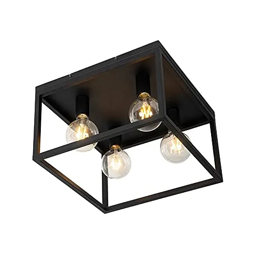 Qazqa Industrie Vintage Deckenlampe schwarz 4-flammig - Deckenleuchte für Innenräume, dimmbar und ideal für Wohnzimmer, Schlafzimmer oder Büro. Modernes Cage-Design aus Stahl, geeignet für E27 LED-Leuchtmittel.