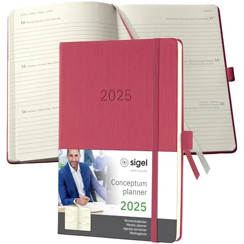 SIGEL C2570 Wochenplaner Wochenkalender 2025, ca. A5, rot, Hardcover, 192 Seiten, Gummiband, Stiftschlaufe, Archivtasche, aus nachhaltigem Papier, Conceptum