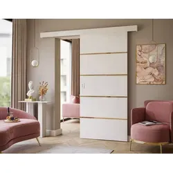 Schiebetür YORK II Weiß matt mit goldenen Akzenten - Elegante und funktionale Schiebetür für jeden Einrichtungsstil. Mit goldenen Akzenten und flexibler Montageoption passt sie ideal in Ihr Zuhause. Maße: 96x205 cm, perfekt für stilvolle Raumtrennung.