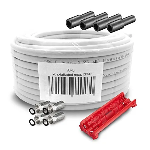 ARLI 10m Koaxialkabel – max. 135 dB 5-fach geschirmt UV-beständig + 4x F-Stecker & 4x Gummitüllen & Abisoliermesser für DVB-S DVB-T2 4K HDTV