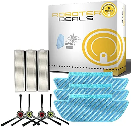 Ecovacs Deebot Slim OZMO 10 Zubehör Set - Staubsaugerzubehörset für Ecovacs Deebot Slim OZMO 10 mit 3 Wisch Pads, 4 Seitenbürsten und 3 Feinstaub Filtern. 100% recycelbare Verpackung und 6 Monate Garantie vom Familienunternehmen Roboter-Deals aus Heidelberg.