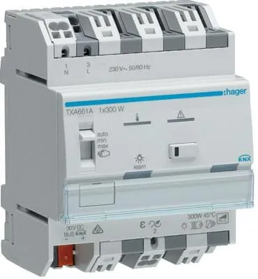 Hager TXA661A Dimmer KNX easy, 1 Kanal 300W, universal - Smart Home Haussteuerung: Universeller Dimmaktor mit automatischer Lastarten-Erkennung, ideal für individuelle Lichtsteuerung und einfache Programmierung.