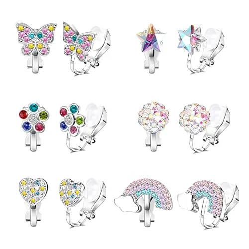 Produktbild HMCEY 6 Paar Klippohrringe Kinder Mädchen,Ohrclips Kinder Ohne Ohrlöcher,Bunte Ohrringe Klipser Süße,Clip on Earrings Kids,Schmuck Ohrringe Hypoallergen,Prinzessinnen Ohrringes Clips für Geschenk