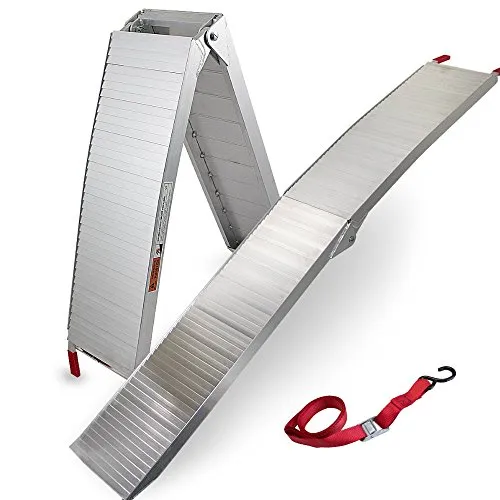 MS-Point Klappbare Motorradrampe aus Aluminium - 340kg Traglast - Laderampe aus Aluminium, leicht und rutschsicher, ideal für den täglichen Einsatz mit gummierter Aufladefläche und sicherem Gurt zur Arretierung.