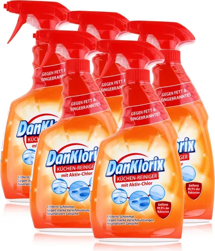 DanKlorix Küchen-Reiniger 750ml - Aktiv-Chlor für strahlende Sauberkeit (5er Pack) - Effektiver Allzweckreiniger für die Küche, entfernt hartnäckige Flecken und sorgt für hygienische Sauberkeit. Praktische Sprühflasche mit kraftvollem Aufsatz für schwer erreichbare Stellen.