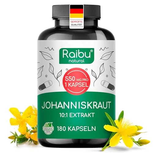 Hochdosierte Johanniskraut Kapseln - 5500 mg pro Kapsel - Pflanzliches Ergänzungsmittel Johanniskraut, 10:1 Extrakt mit 1,6 mg Hypericin pro Kapsel. Vegan, ohne Zusatzstoffe und 6 Monate Vorrat für eine einfache tägliche Einnahme.