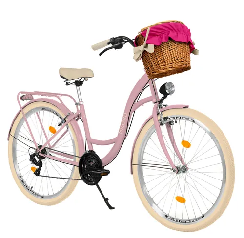 MILORD Damen Citybike mit Weidenkorb – 26 Zoll, 21-Gang, Rosa-Creme - Elegantes Citybike mit praktischem Weidenkorb und 21-Gang-Antrieb für entspannte Fahrten. Ideal für stilbewusste Pendler und Freizeitfahrer, die Komfort und Praktikabilität schätzen.