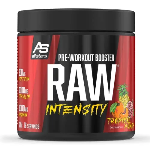 ALL STARS Raw Intensity Pre-Workout Booster 320g Tropical Punch - Mehrkomponenten Proteine mit 9000mg Citrullin und Arginin, 320mg Koffein für maximale Konzentration im Training - ideal für Ausdauer- und Kraftsportler.