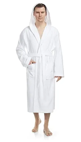 Herren Bademantel mit Kapuze, Größe: S-M, Weiß - Bademantel für Herren, mit Kapuze und zwei großen Taschen, aus 100% schadstofffreier Baumwolle, ideal für Sauna und Wellness, garantiert hohen Tragekomfort.
