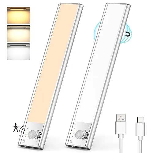 Lureshine Unterbauleuchte Küche LED, 76LEDs Schrankbeleuchtung mit Bewegungsmelder 3 Farbmodi Dimmbar, Led Leiste Batterie USB Wiederaufladbar Schranklicht Schrankleuchte für Kleiderschrank-2 Stück
