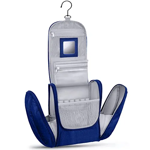 KRONIFY großer Premium Kulturbeutel zum Aufhängen mit Spiegel I Kulturtasche Damen mit Haken I Kulturbeutel Herren I Kulturbeutel Damen I Kosmetiktasche groß I Blau