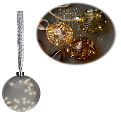 LS-LebenStil Deko XL Glas Lichtkugel 40LED - Ø 20cm Braun Gold Band Timer Batterie Leuchtkugel innen zum Anhängen Weihnachtsdeko Weihnachtskugel Weihnachtsbeleuchtung Fensterdeko Batteriebetrieben