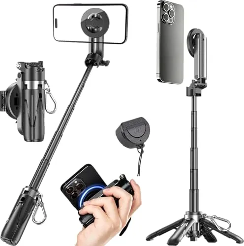 Magnetisches Handy Stativ Selfie Stick fuir MagSafe,Magnetischer Stativständer, Selfie-Stick mit Fernbedienung und Metallring – 4,72″ eingeklappt,Handy-Stativ für iPhone/Android