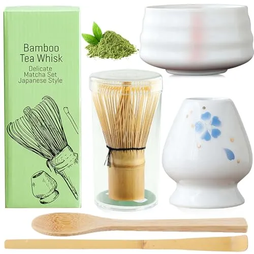 BAIFULAI 5er-Set Matcha Set, Matcha Tee Set, Matcha Schneebesen Set, Matcha Schale aus Keramik, Teelöffel, Schneebesenhalter, Japanisches Zubehör für Matcha-Zeremonie (Weiß)
