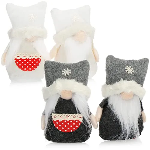 com-four® 4X Premium Weihnachtswichtel 13cm - niedliche Zwerge mit Doppel-Zipfelmütze - winterliches Wichtelpaar - Weihnachtsdeko - Nordpol-Figuren als Dekoartikel (4X - grau/weiß)