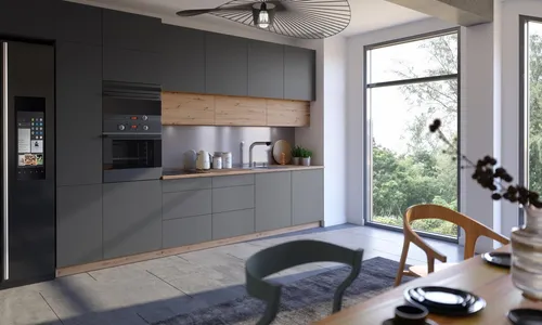 Moderne Küchenzeile Grau – Maßgefertigte Designmöbel - Elegante Küchenzeile in Grau, gerade Form, mit 11 Teilen und 2 Jahren Garantie. Ideal für stilvolle Küchen, freistehend oder wandmontiert.